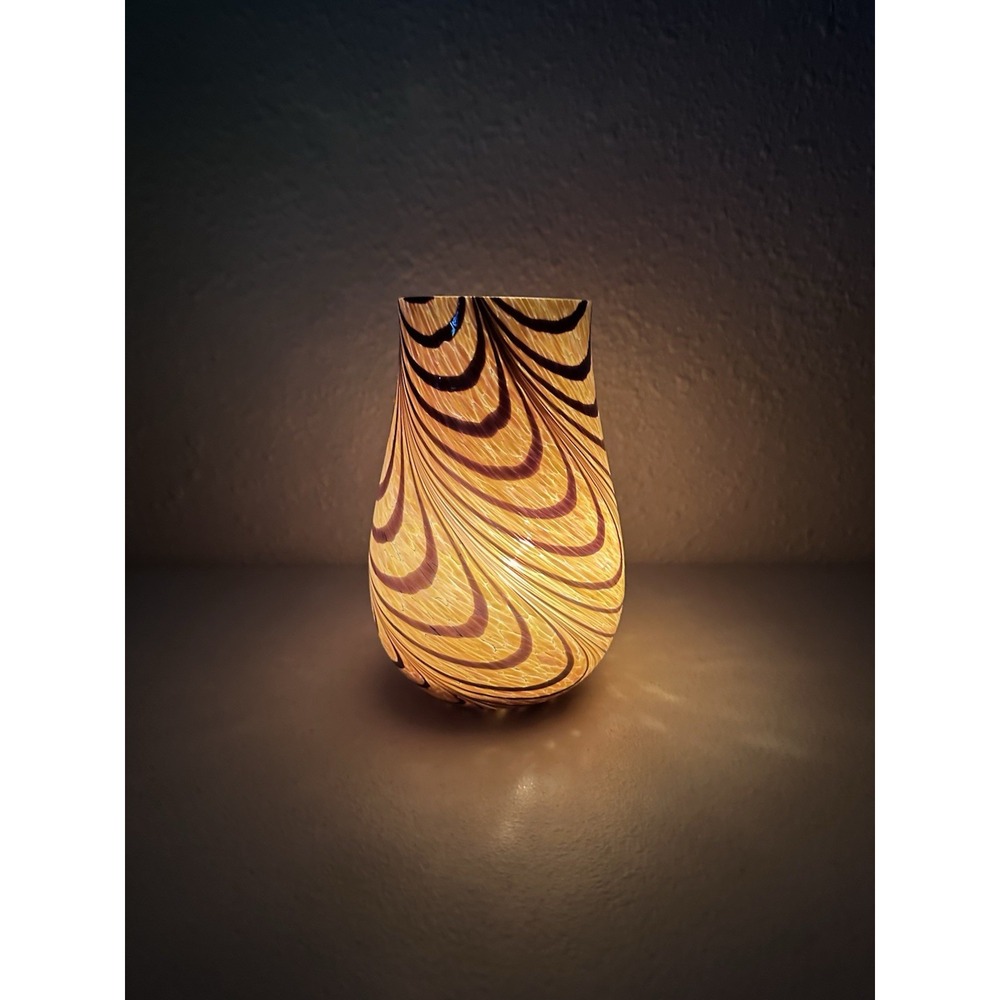 Teleflora Brown Iridescent Peach Opaque Art Glass Vase W/ Swirl Design 7" Taiwan